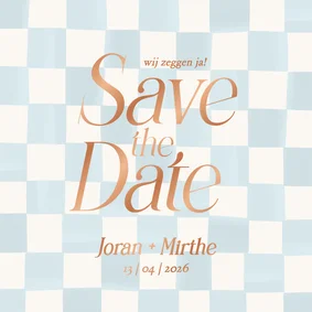 Lichtblauw geblokte save the date kaart bruiloft koper