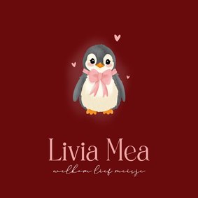 Lief donker rood geboortekaartje met baby pinguin