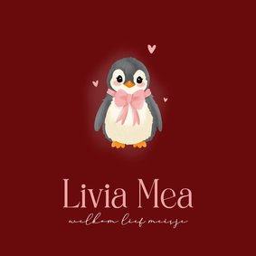 Lief donker rood geboortekaartje met baby pinguin