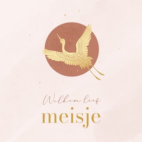 Lief felicitatiekaart met kraanvogel meisje in roze 