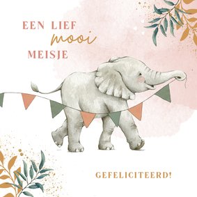 Lief felicitatiekaartje geboorte meisje met olifantje 