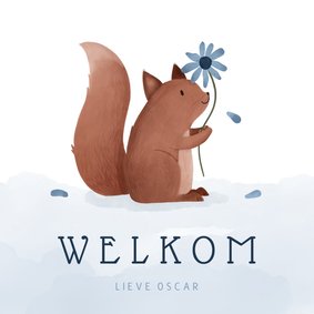 Lief felicitatiekaartje geboorte met eekhoorn bloem blauw