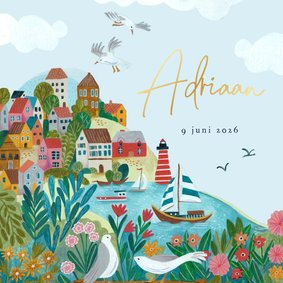 Lief geboortekaartje bootje op zee met een lucht met wolkjes