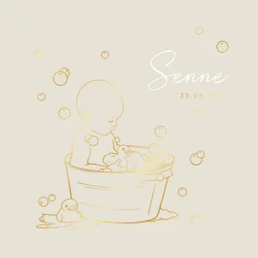 Lief geboortekaartje jongen in badje – goudfolie