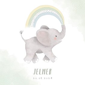 Lief geboortekaartje jongen olifant, regenboog en waterverf