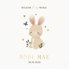 Lief geboortekaartje konijntje plantjes en vlinder