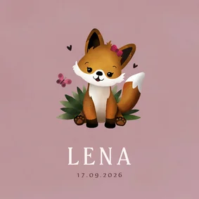 Lief geboortekaartje meisje met vos illustratie en vlinder