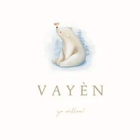 Lief geboortekaartje met een ijsbeer en roze vogeltje