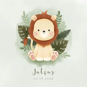 Lief geboortekaartje met leeuw, plantjes en waterverf