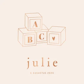 Lief geboortekaartje met lijntekening houten blok abc