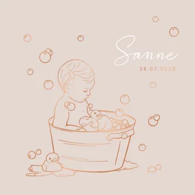 Lief geboortekaartje met meisje in badje – koperfolie