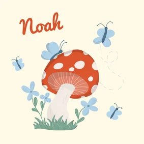 Lief geboortekaartje met paddenstoel en vlindertjes jongen