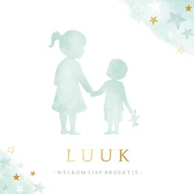 Lief geboortekaartje met silhouet van grote zus en broertje