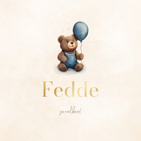 Lief geboortekaartje met teddybeer en blauwe ballon