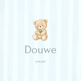 Lief geboortekaartje met teddybeer en blauwe strepen