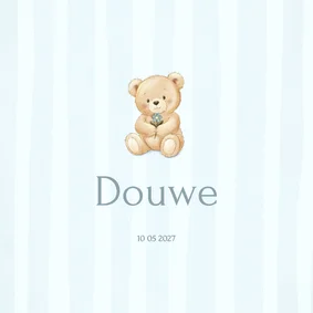 Lief geboortekaartje met teddybeer en blauwe strepen