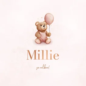 Lief geboortekaartje met teddybeer en roze ballon