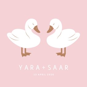 Lief geboortekaartje met twee zwaantjes roze