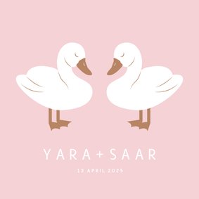 Lief geboortekaartje met twee zwaantjes roze