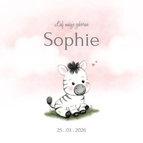 Lief geboortekaartje met zebra en roze wolken