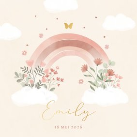 Lief geboortekaartje regenboog bloemen en vlindertje