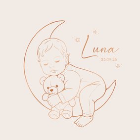 Lief geboortekaartje slapend meisje op de maan – koperfolie