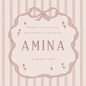 Lief geboortekaartje strik doodle met strepen roze