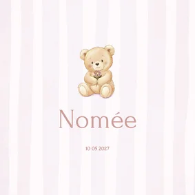 Lief geboortekaartje teddybeer op roze strepen achtergrond