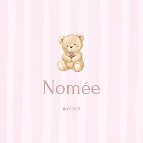 Lief geboortekaartje teddybeer op roze strepen achtergrond