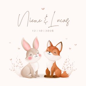 Lief geboortekaartje tweeling illustratie vosje en konijntje