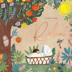 Lief geboortekaartje wiegje onder de appelboom