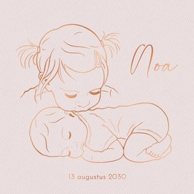 Lief geboortekaartje zus kust liggend baby’tje – koperfolie
