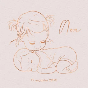 Lief geboortekaartje zus kust liggend baby’tje – koperfolie