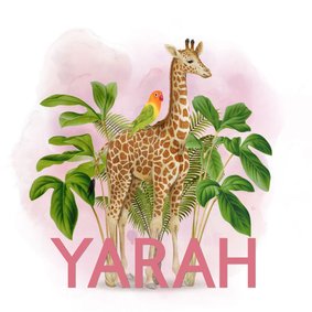 Lief jungle geboortekaartje giraffe met vogeltje