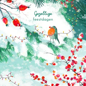 Lief kerstkaart met roodborst en kerstlampjes