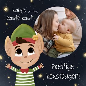 Lief kerstkaartje illustratie kerstelf baby's eerste kerst