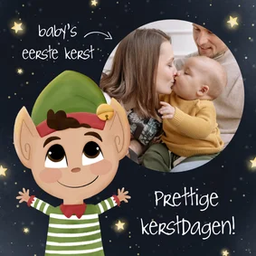 Lief kerstkaartje illustratie kerstelf baby's eerste kerst