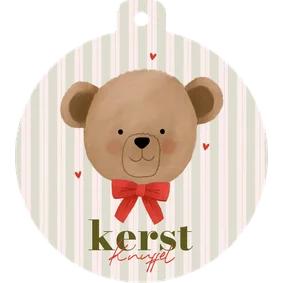 Lief kerstkaartje kerstbal vorm knuffel beer met strik