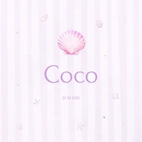 Lief pastel geboortekaartje met schelp en en streepjes