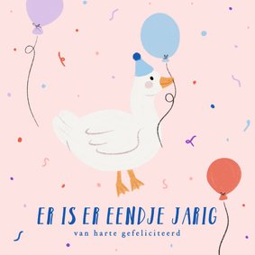 Lief verjaardagskaartje met eendje ballonnen en confetti 