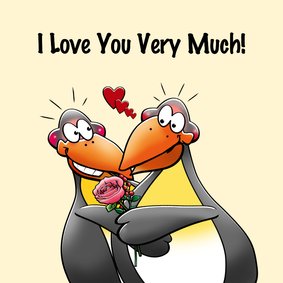 Liefdekaart met een pinguïns en vaas met bloemen