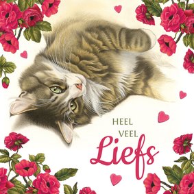 Liefdeskaart met liggende kat, bloemen en hartjes