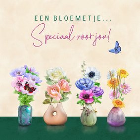 Liefdevolle bloemenkaart 4 vaasjes met geschilderde bloemen