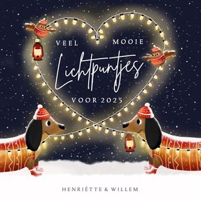 Liefdevolle nieuwjaarskaart teckels - veel lichtpuntjes!