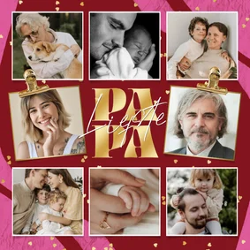 Liefdevolle vaderdagkaart fotocollage 8 foto's hartjes goud