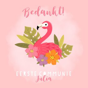 Lieve bedankkaart communie met flamingo, plantjes en bloemen