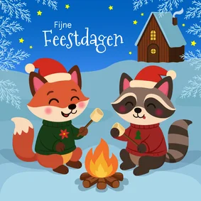 Lieve en grappige kerstkaart met dieren bij kampvuur