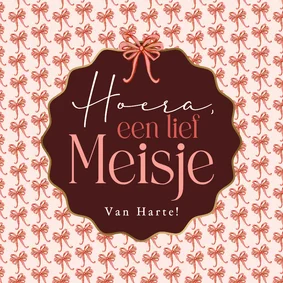 Lieve felicitatiekaart geboorte meisje strikjes kader goud