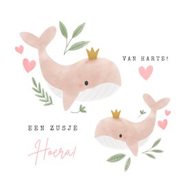 Lieve felicitatiekaart grote zus met walvissen en hartjes