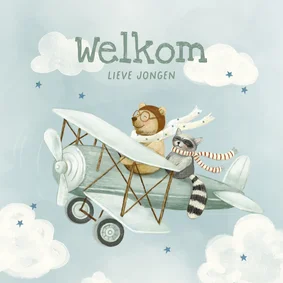 Lieve felicitatiekaart met vliegtuigje en dieren